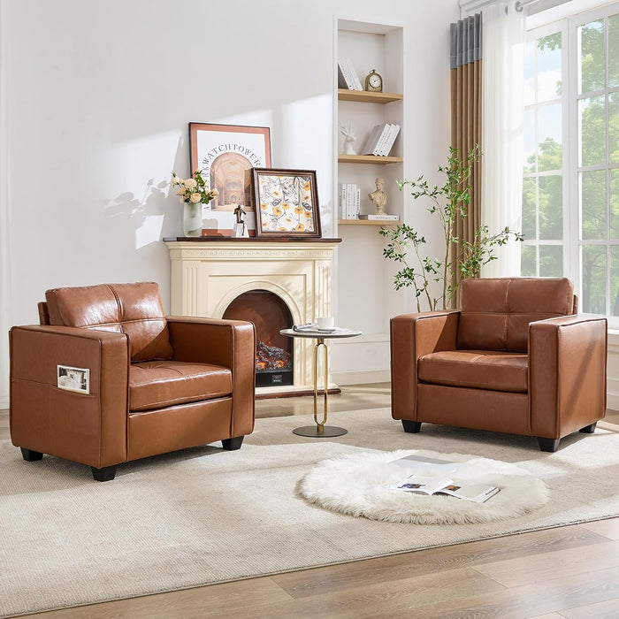 Brown Faux Leather Accent Chair, Comfy Living Room Chair Reading Oversized Accent Chairs Tufted Mid Century Modern Arm Chair, 38.58" Wide Armchair for Office Bedroom Lobby