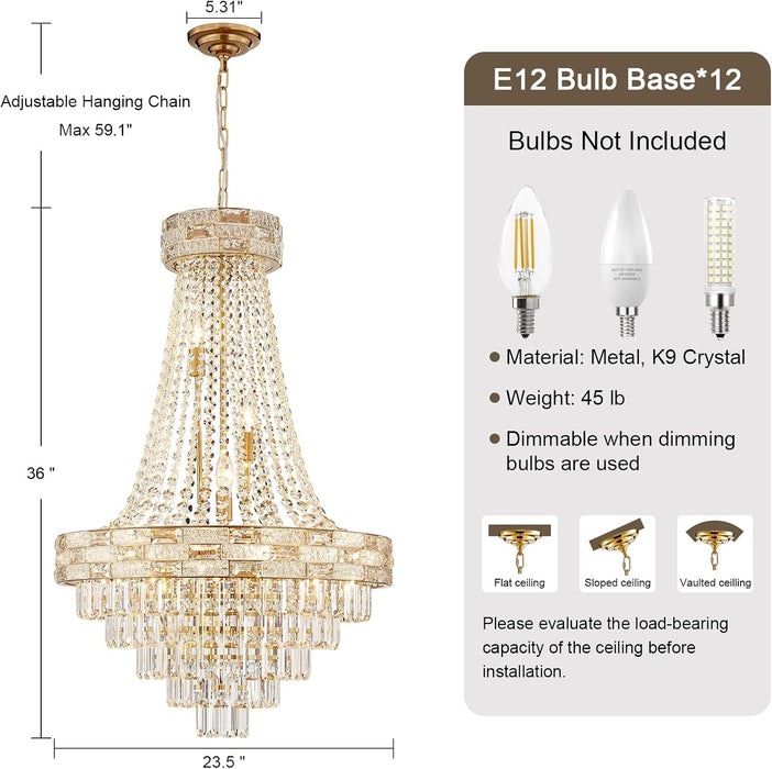 Crystal Chandelier 12 Lights 36Inches Gold Pendant