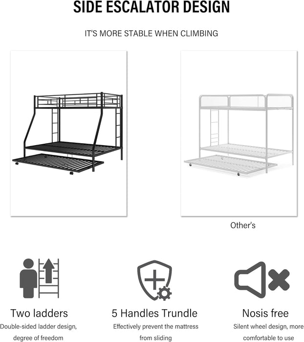 Triple Bunk Beds, Twin over Full Bunk Bed with Trundle,Sturdy Steel Bunk Beds Frame for 3 Kids/Teens with Two Side Ladders and Safety Guard Rail,Black Color