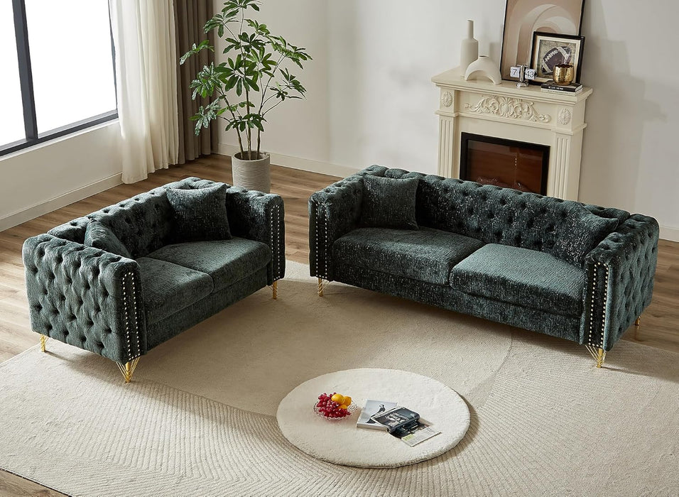 2 Pieces Chenille Living Room Furniture Sofa Couch Set,Button Tufted Comfy Couch with Nailhead Trim&Metal Legs,Mid Century Modern Couch and Loveseat Sets for Living Room(Loveseat+3 Seater Sofa,Green)