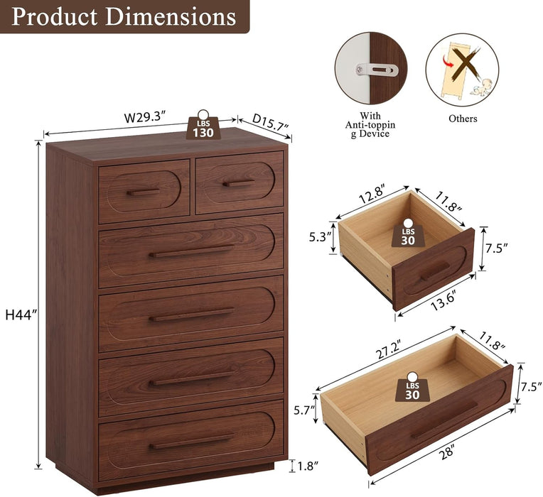 Walnut 6 Drawer Dresser for Bedroom, 44" Tall Dressers & Chest of Drawers W/Solid Wood Handle, Wood Mid Century Closet Organizers and Storage Cabinet for Bedroom, Living Room, Hallway, Walnut
