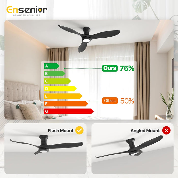 52 Inch Flush Mount Ceiling Fan with Light and Remote, Black Low Profile Ceiling Fans with Lights for Bedroom Living Room, 3 ABS Blades, Modern Quiet Reversible DC Motor, 3CCT, 6 Speeds