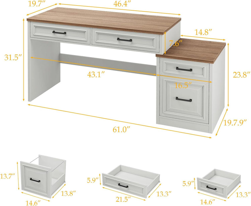 61" Farmhouse Computer Desk with Storage and File Drawer, Executive Desks with Printer Stand, Rustic Large Home Writing Desk for Home Office.