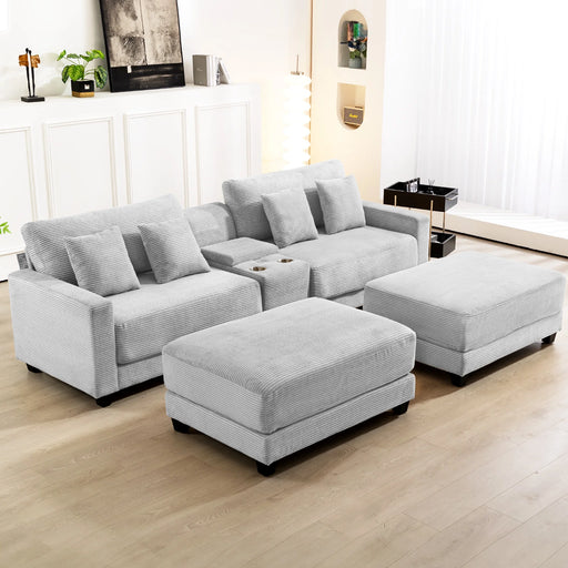 U-Shaped Sectional Sofa with 2 Ottomans, Modern Corduroy Modular Couch Oversized Sofa with USB & TYPE C Port and Two Cup Holders for Living Room, Gray