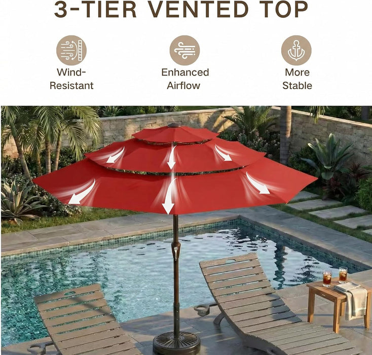 9Ft 3-Tier Patio Umbrella, Outdoor Table Umbrella with Easy Crank & Tilt, 8 Reinforced Ribs, UV Protection for Deck, Pool, Market, Backyard (Red)