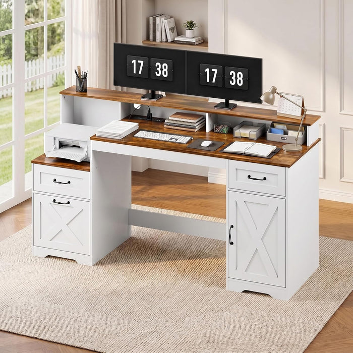 63 Inch Farmhouse Computer Desk with Drawers & Power Outlets, Large Desk with Monitor Stand & Printer Shelf, Modern Office Desk Workstation with File Cabinet for Home Office, Brown & White