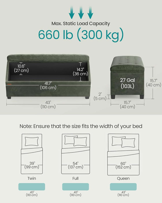 Velvet Storage Ottoman Bench, Foot Rest with Legs, 15.7 X 43 X 15.7 Inches, End of Bed Bench, Storage Chest, Load up to 660 Lb, for Living Room, Bedroom, Entryway, Forest Green ULSF089C01