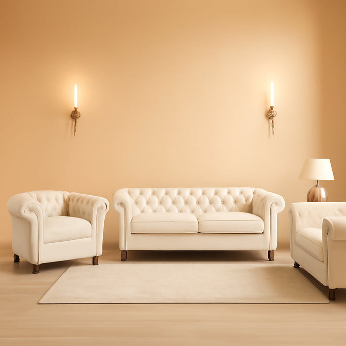 3 Pieces of Living Room Furniture Sofa Sets, Modern Velvet Chesterfield Sofa&Chesterfield Club Chair&Chesterfield Loveseat Sofas Set with Nailhead Trims Scroll Arms for Living Room (Beige)