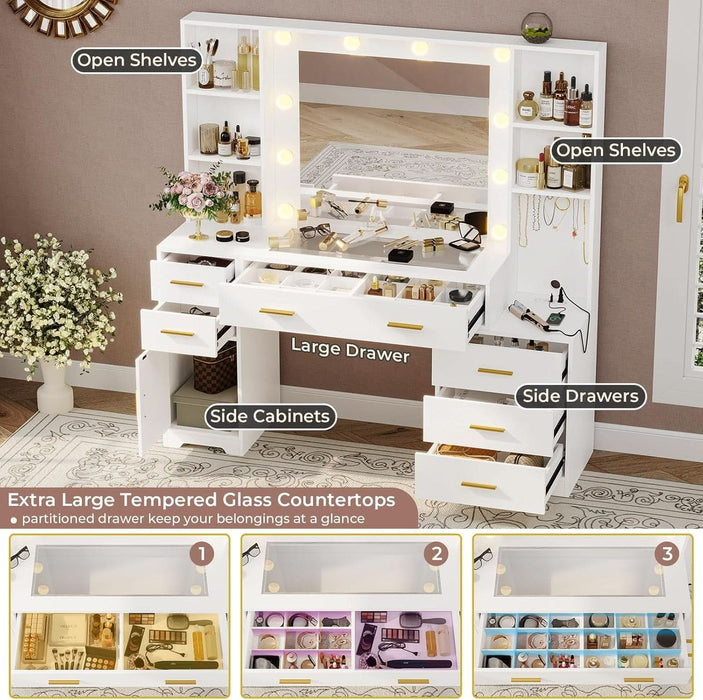 48.8'' Large Vanity Desk with Lighted Mirror & Power Outlet, White Makeup Vanity Table with 6 Drawers, 4 Shelves and 1 Storage Cabinet, Glass Tabletop Bedroom Dressing Table, 3 Lighting Modes