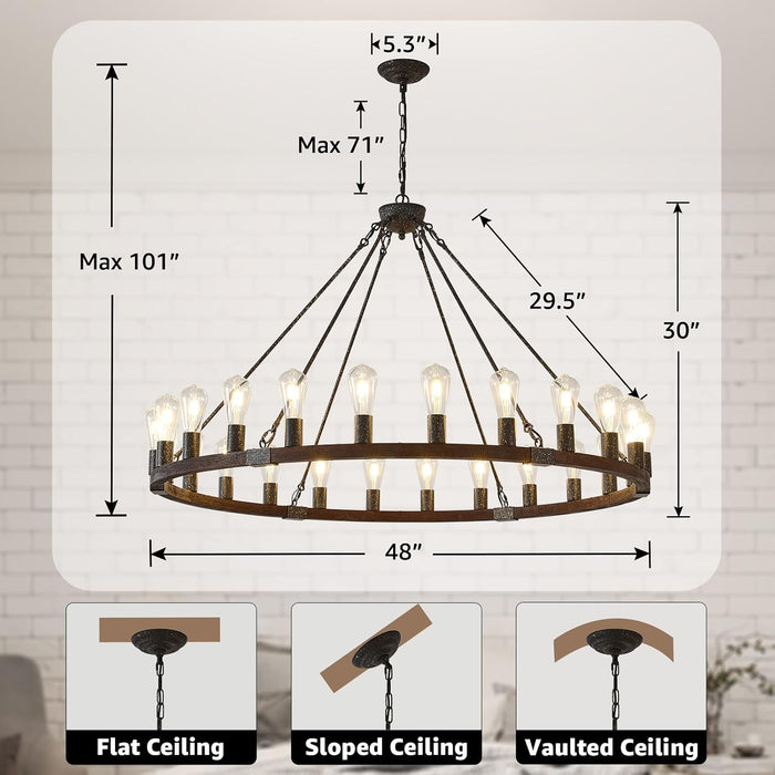 XL Handcrafted MatteBlack Walnut WagonWheel Chandelier