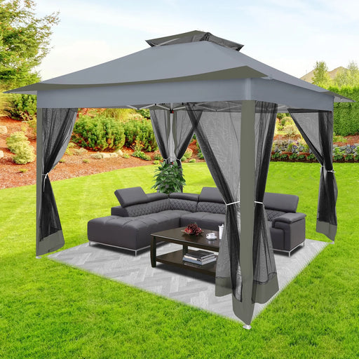 12X12Ft Outdoor Gazebo Pop up Gazebo with Mosquito Netting, Instant Patio Canopy Tent for Shade and Rain, 2 Tiered Vente Gazebo Canopy UPF 50+ for Garden Backyard with Carry Bag&4 Sandbags