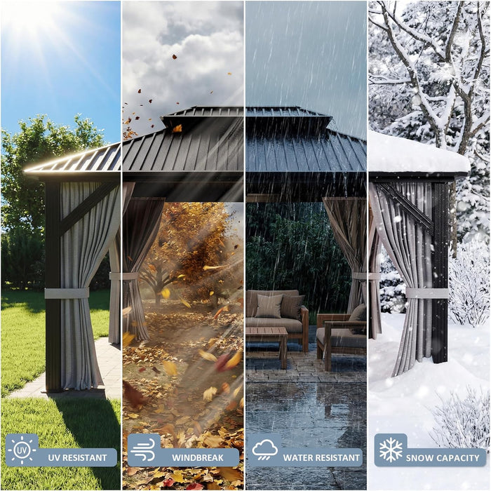 10'X12' Gazebo Hardtop Gazebo, Aluminum Pergola with Double Galvanized Steel Roof, Permanent Outdoor Metal Canopy with Curtain and Netting for Patio, Backyard, Deck,Grey