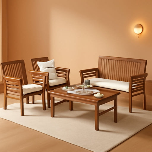 4 Piece Outdoor Acacia Wood Sofa Set with Water Resistant Cushions, Padded Patio Conversation Table Chair Set W/Coffee Table for Garden, Backyard, Poolside (1)