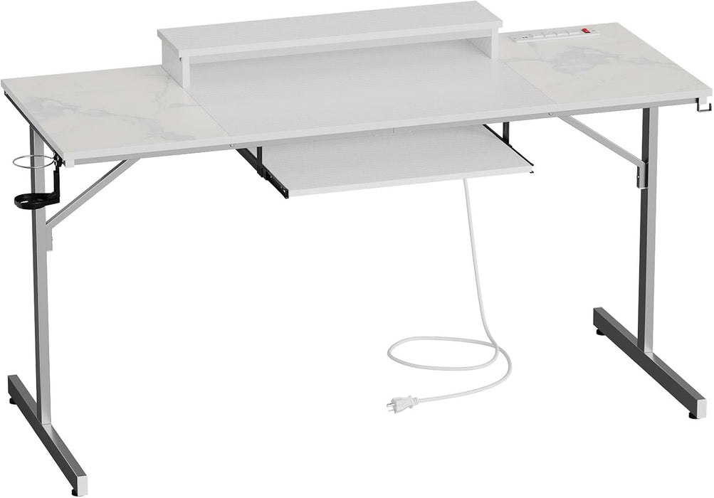 63 Inch Gaming Desk with LED Lights & Power Outlets Computer Desk with Laptop Stand & Keyboard Tray Modern PC Desk with Headset Hook for Home Office, Carbon Fiber and Marble Splicing White