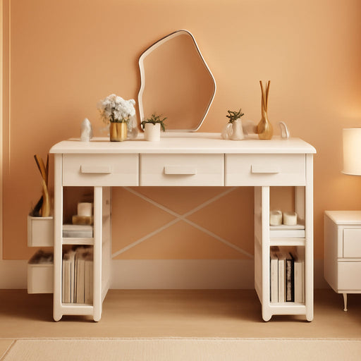 White Vanity Desk, Computer and Study Desk with Fabric Drawers & Side Storage Bag, No Mirror. Makeup Vanity Table, Home Office Desk, Modern Writing Desk, 48"X16".