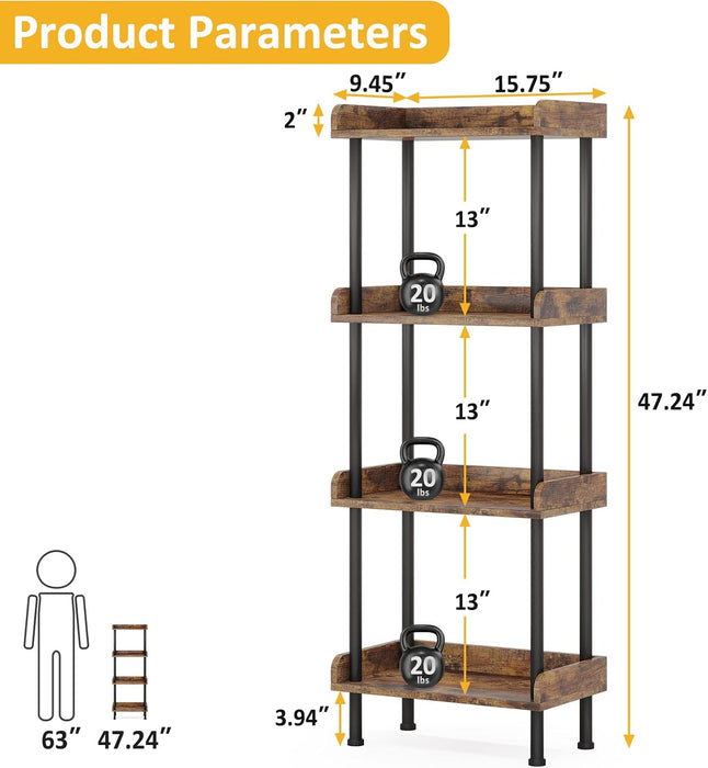 Vintage Rustic Four Tier Wooden Bookshelf SturdyFrame