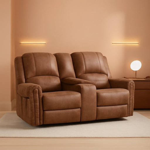 Power Reclining Loveseat, Faux Leather Double Recliner Sofa with Side Pocket, Center Console, Hidden Storage & Cup Holders, Vintage Rivet Mid-Century Modern Design for Living Room, Nut Brown