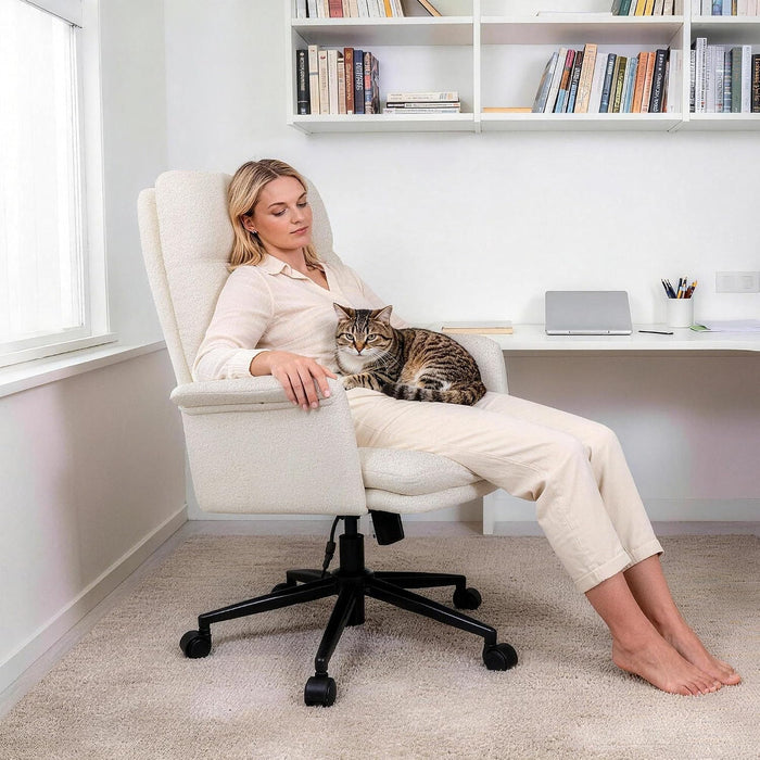 Home Office Desk Chair Comfy with Teddy Velvet Upholstered Seat,Cream