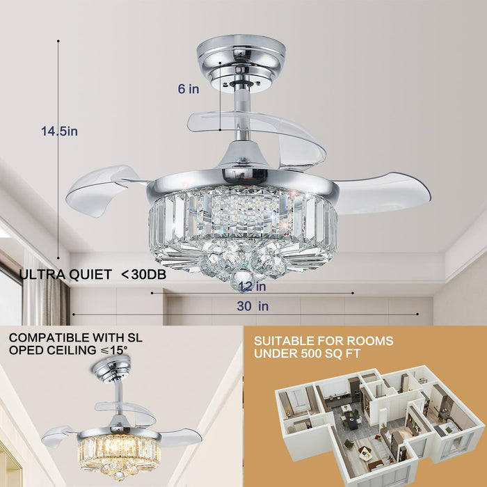 30" Chandelier Ceiling Fan with Light Crystal Modern Fandelier Reversible Ceiling Fan Dimmable Retractable Timer for Bedroom Dining Living Room Silver Chrome