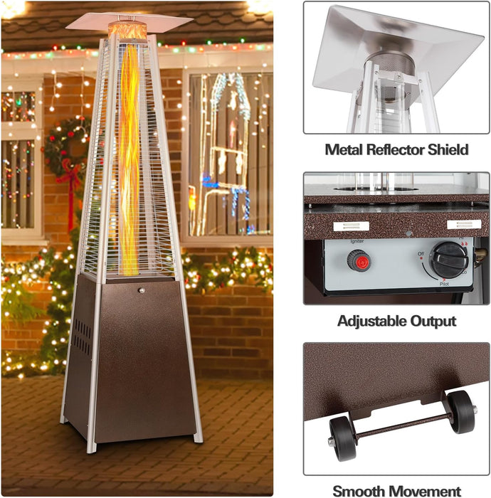 Pyramid Patio Heater, 48000 BTU Glass Tube Propane Patio Heater with Wheels and Cover, Outdoor Propane Heaters for Patio, Backyard, Garden, Porch, and Pool, Bronze