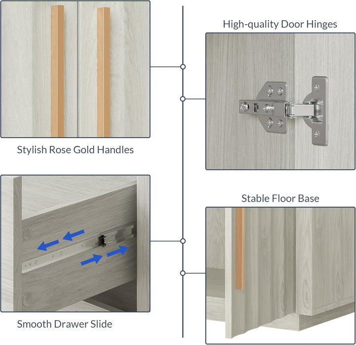 64” Sideboard Buffet Cabinet, Modern Fluted Door Console Table with 3 Drawers and Adjustable Shelves, Accent Storage Cabinet for Entryway, Living Room & Dining Room - White Sand