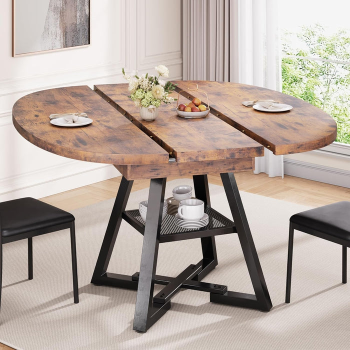 61'' Extendable Dining Table for 4 6 8, round Dining Room Table with Removable Leaf & Storage Shelf, Expandable Oval Kitchen Table with Pedestal Base, Modern Industrial Space Saving（Vintage）