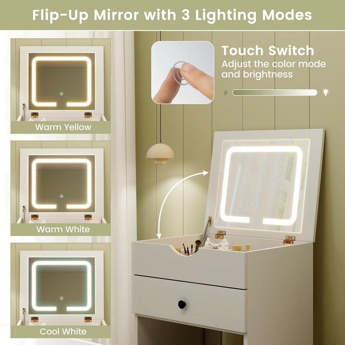 Small Vanity Desk Set, Makeup Vanity Table with Flip-Up Lighted Mirror, Storage Bench, 2 Drawers, 8 Wheels, White Girls Dressing Table Nightstand for Small Space Bedroom
