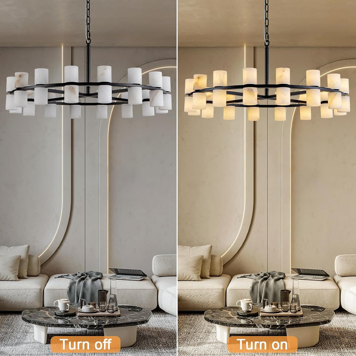 Alabaster round Chandelier, Natural Spanish Stone Texture Chandeliers, D31In round Chandeliers for Dining Room Chandelier Light Fixture for Kitchen Living Room Foyer Entryway Hallway (Black)