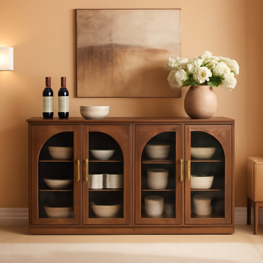 Glass Arched Door Sideboard Buffet Cabinet Set of 2, Brown | Modular, Multi-Compartment Storage, Adjustable Shelf, Soft Close Hinges, Freestanding, for Dining Room, Living Room