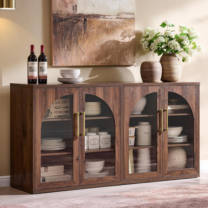 Glass Arched Door Sideboard Buffet Cabinet Set of 2, Brown | Modular, Multi-Compartment Storage, Adjustable Shelf, Soft Close Hinges, Freestanding, for Dining Room, Living Room