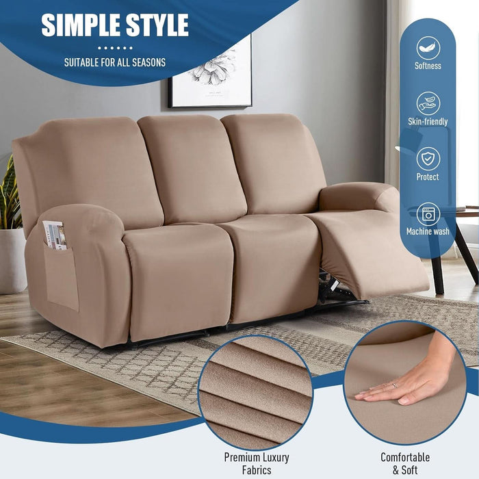Recliner Sofa Slipcover, 3 Pieces Polyester Fabric Stretch Sofa Covers for 3 Seat Reclining Couch, Soft Washable Furniture Protector with Pockets (3 Seat, Khaki)