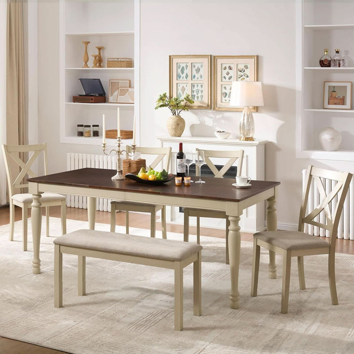 6-Piece Farmhouse Dining Table Set with 4 Upholstered Chairs and Bench, 71” Solid Wood Table, Seating for 6, for Dining Room or Kitchen, Rustic White & Walnut Finish