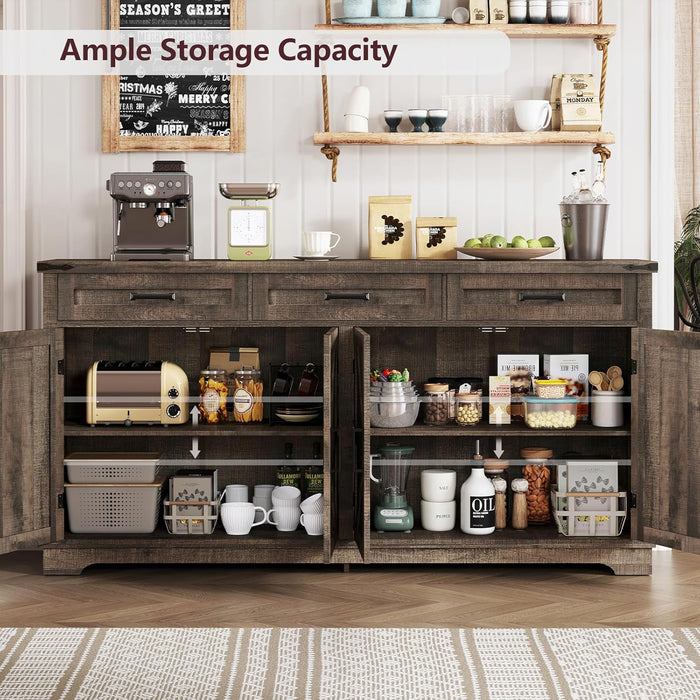 Buffet Cabinet, 61” Large Sideboard Buffet Storage Cabinet with 3 Drawers, Farmhouse Coffee Bar with 4 Doors, Buffet Table for Kitchen, Living Room, Antique Oak
