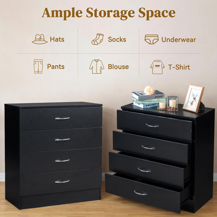Black 4 Drawer Dresser for Bedroom, Modern Nightstand Storage Chest of Drawer, Wooden Side Table End Table, Living Room, Reception Room