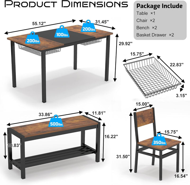 Rustic Brown Industrial Dining Table Set StorageDrawers