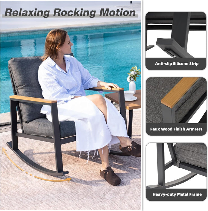 3 Pieces Rocking Bistro Set, Outdoor Patio Furniture Set with Thick Cushions and Coffee Table, Patio Conversation Sets for Garden, Balcony, Backyard, Grey