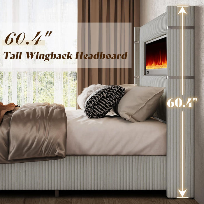 Modern California King Size Bed Frame with Fireplace, Corduroy Upholstered Bed Frame with 60.4“ Extra Tall Headboard, Wingback Platform Bed Frame Wooden Slats/No Box Spring Needed, Greige