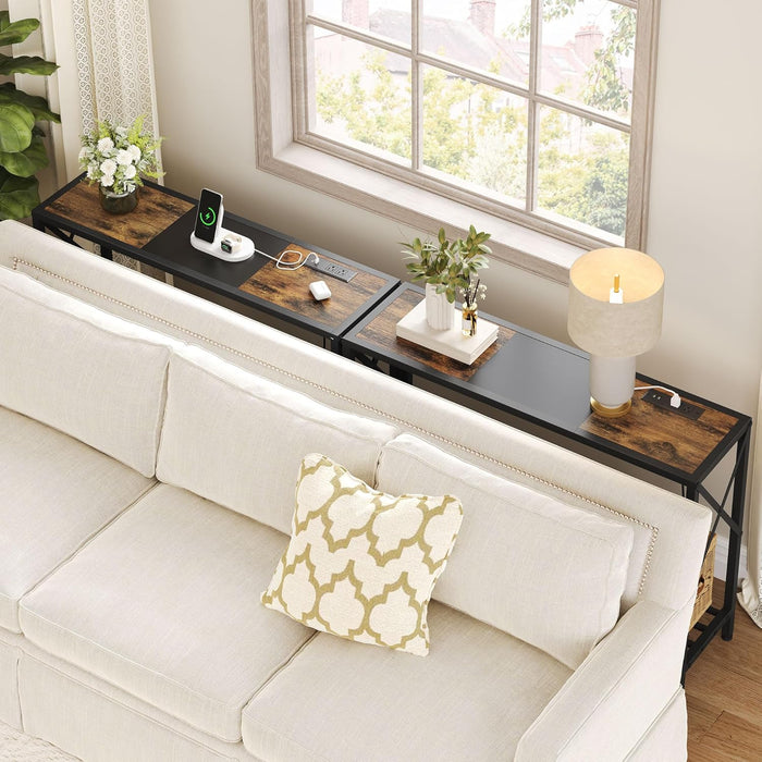 Console Table with Charging Station, 41.8" Entryway Table with Shelves, 2-Tier Narrow Sofa Table, Long behind Couch Table, for Entryway, Foyer, Living Room, Hallway, Brown & Black