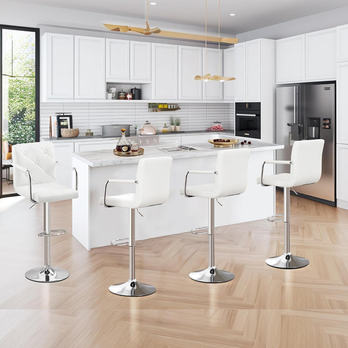 Adjustable Bar Stools Set of 2, Swivel PU Leather Counter Height Barstool with Back and Arms for Kitchen/Island, White