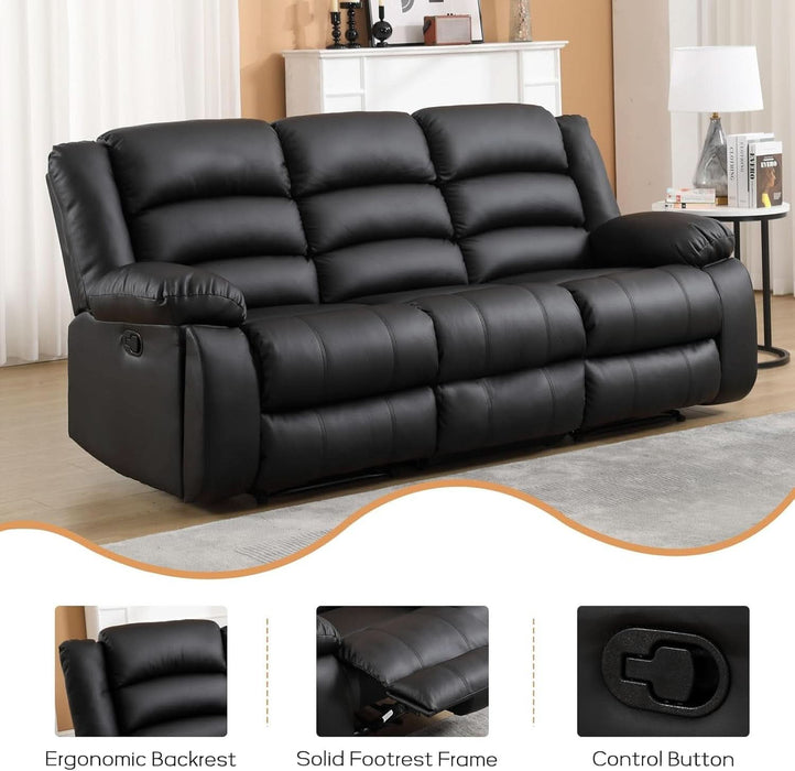 Faux Leather Manual Reclining Sofa with 2 Concealed Cup Holders, Overstuffed Armrest 3 Seat Recliner Sofa, Couch for Living Room, Meeting Room, Bedroom, Black