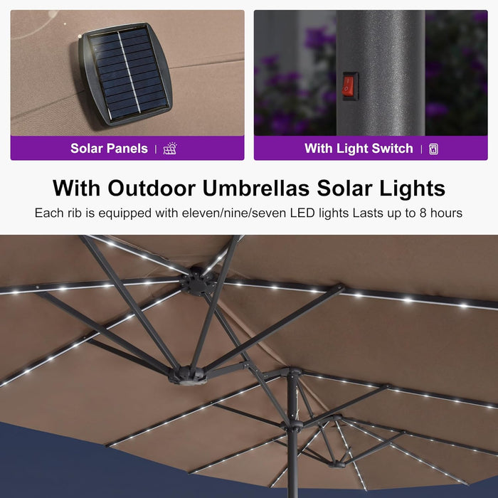 15Ft Double-Sided Patio Umbrella with Base and Solar Lights Outdoor Market Umbrella with Crank Handle Rectangle Umbrella for Backyard Pool Garden Deck, Taupe