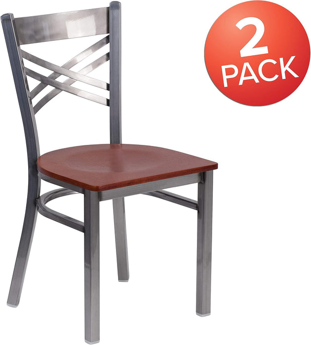 2 Pk. HERCULES Series Clear Coated ''X'' Back Metal Restaurant Chair - Cherry Wood Seat