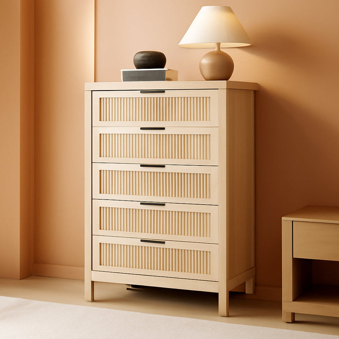 Fluted Dresser for Bedroom with 5 Drawers, 42.9 in Tall Chest of Large Drawers with Large Clothes Storage Cabinet, Wood Dresser, TV Stand for Bedroom, Nursery, Living Room, Hallway