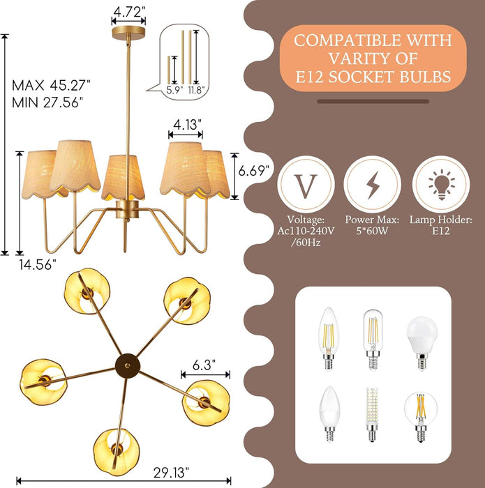 28" Rattan Chandelier, Large Modern Pendant Light Fixtures with Flower Shades Antique Brass Brush Paint Finish for Dining Room, Kitchen Island, Foyer, Living Room 5-Light