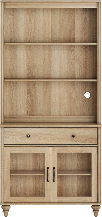 72" Tall 5 Tier Bookcase with Glass Doors & Drawers, Oak
