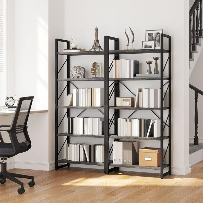 5 Tiers Bookshelf, Industrial Artsy Grey Bookcase Bookshelves, Book Rack, Storage Rack Shelves Books Holder Organizer for Books Movies in Living Room Home Office, Charcoal Gray + Black