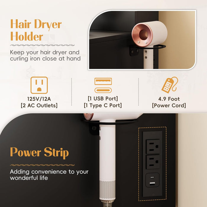 Vanity Desk with Lights and Mirror, L Shaped Makeup Table, Dresser with Hairdryer Holder and Power Outlet, Adjustable 3 Lighting Modes, 5 Drawers and Adjustabled Open Storage Shelves, Black