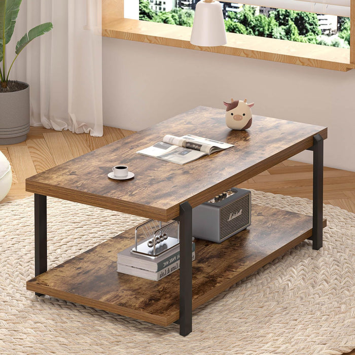 Modern Coffee Table, Rustic Wood Center Table with Storage for Living Room, Industrial Rectangle 2 Tier Low Cocktail Tea Table, Rustic Brown