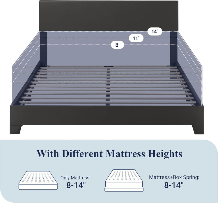 Queen Bed Frame with Adjustable Headboard, Faux Leather Platform Bed with Wood Slats, Heavy Duty Mattress Foundation, No Box Spring Needed, Noise-Free, Easy Assembly, Black