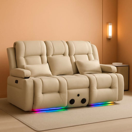 Loveseat Recliner Sofa with Massage and Heat, Power Reclining Loveseat Sofa RV Couch with Console, Home Theater Seating with LED Lights, Bluetooth Speakers, USB, Outlets, Leathaire, Beige